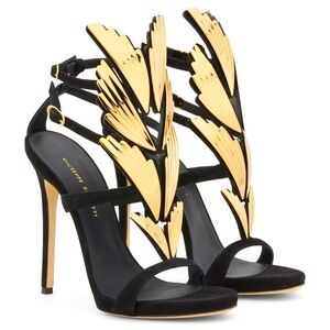 Giuseppe Zannoti Black Suede Leather Gold Wings Cruel 2.0 High Heel Sandals EU41